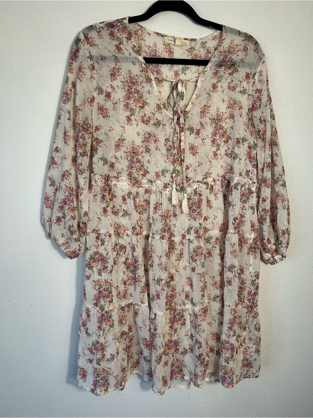 Bebop Floral Dress XL Womens White Pink Chiffon Tiered Long Sleeve Boho Babydoll